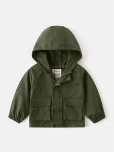 Kids olive green hooded zip-up jacket with cargo pockets and windproof elastic cuffs