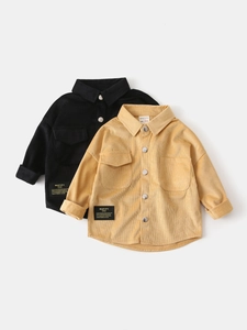Boys corduroy shirts in black and mustard yellow featuring silver metal buttons