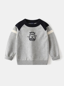 Kids grey and navy raglan sweater with pixel bear embroidery and white sleeve stripes