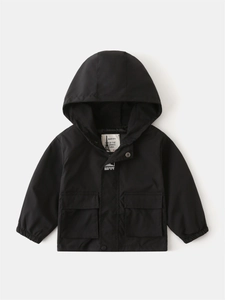 Kids black hooded windbreaker jacket with zipper and snap buttons on white background
