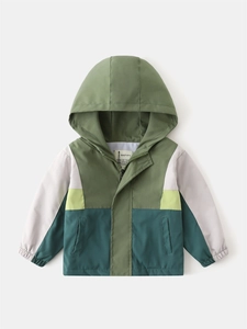 Boys Color Block Hooded Jacket Windproof Polyester Zipper Coat For Autumn Kids Casual Outdoor Fashion Thickened Outwear
