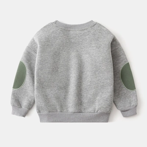 Detail of grey boys sweatshirt back with green elbow patches and ribbed cuffs