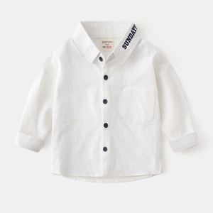Detailed close-up of white boy's shirt collar featuring black SUNDAY embroidery and buttons