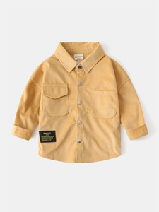 Ginger yellow corduroy long sleeve shirt for boys with metal buttons and chest pockets