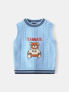 Light blue knit vest for boys with cartoon bear embroidery and cable knit texture