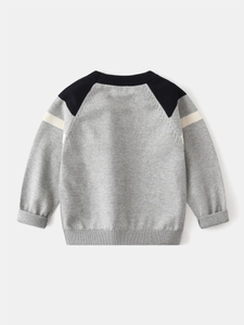 Grey and black raglan sleeve knitted sweater for kids with ivory stripe detail