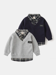 Boys Casual Faux Two-Piece Sweatshirt Cotton Blend Long Sleeve Patchwork Plaid Collar Fashion Kids Pullover Fall Tops