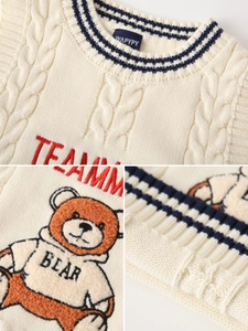 Cream knit sweater vest for boys with cable stitch and cartoon plush teddy bear patch