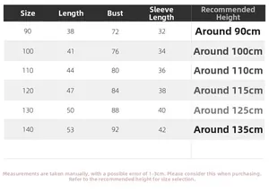 Size chart for boys long sleeve polo shirt showing measurements from 90cm to 140cm height