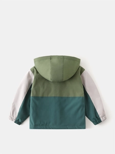 Kids color-block hooded jacket in green and grey, back view of outdoor windbreaker coat