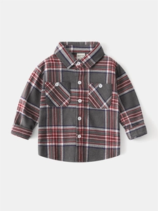 Classic kids brushed flannel plaid long sleeve shirt with grey and red checks and pockets