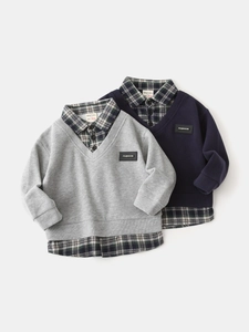 Kids' V-neck layered sweatshirt featuring green plaid shirt collar and fashion patch