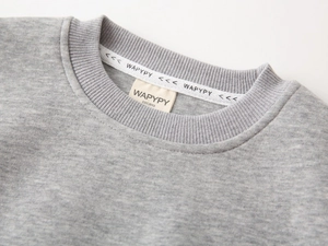 Detailed view of the ribbed crewneck and soft melange fabric texture of boys' gray sweatshirt