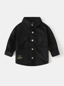 Boys' black corduroy long-sleeve shirt with metal buttons and stylish woven patch label