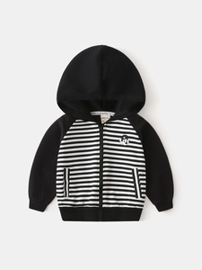 Boys Hooded Zip Up Sweatshirt Cotton Blend Stripe Splicing Toddler Casual Long Sleeve Hoodie Jacket With Bear Embroidery