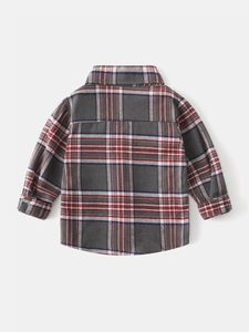 Classic plaid flannel long sleeve button-up shirt for boys with grey and red check pattern