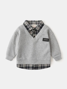 Grey long sleeve baby sweatshirt with green plaid shirt collar and hem patchwork
