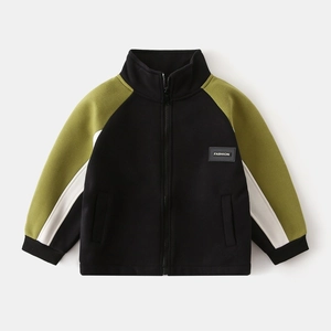 Detail of boys' fleece zipper jacket with color-block sleeves and fashion patch on chest