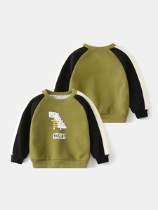 Kids dinosaur fleece sweatshirt with raglan sleeves and cartoon graphic in olive green
