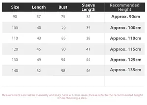 Size chart for boys winter jacket showing length, chest and height for sizes 90 to 140