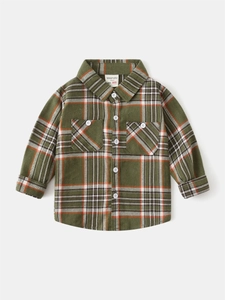 Army green plaid long sleeve cotton shirt for boys with buttoned chest pockets