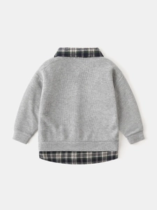 Grey kids' layered hoodie with green plaid shirt collar and hem patchwork design