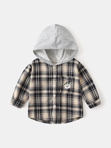 Boys Casual Hooded Plaid Shirt Cotton Blend Soft Long Sleeve Bear Patch Embroidery Top For Autumn Kids Fashion Clothes