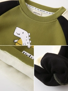 Kids warm fleece sweatshirt with cartoon dinosaur print and contrast raglan sleeves