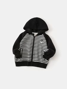 Kids striped hooded sweatshirt with black raglan sleeves and cute bear patch detail