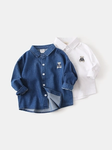 Boys Casual Cotton Denim Shirt Long Sleeve Button Down Top With Cartoon Bear Embroidery For Toddler Kids White Blue