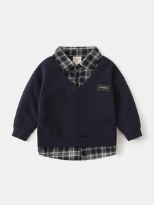 Navy blue kids' layered sweatshirt with green plaid collar and shirt hem trim