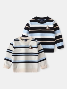 Korean Style Boys Striped Knitted Sweater Pullover Long Sleeve Round Neck Cotton Blend Embroidered Bear Patch Autumn Top
