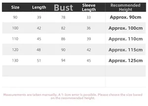 Detailed size chart for kids hooded winter coat covering sizes 90 to 130 cm