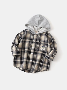Boys plaid hooded shirt with bear patch embroidery in beige and navy checkered pattern