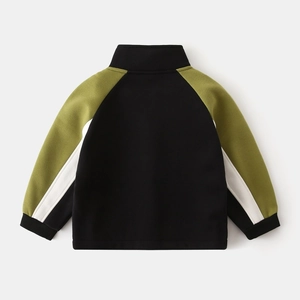 Detail view of boys' color-block winter sweatshirt with ribbed stand collar and fleece lining