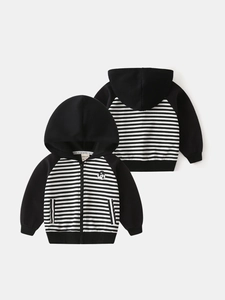 Kids black and white striped hoodie with bear embroidery and zipper closure
