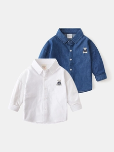 Boy's denim and cotton long sleeve shirts with cute bear embroidery for autumn