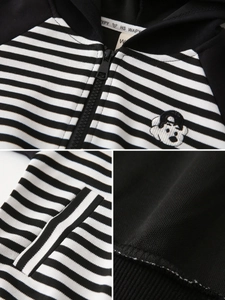 Kids black and white striped zip-up hoodie with cartoon embroidery and ribbed cuffs