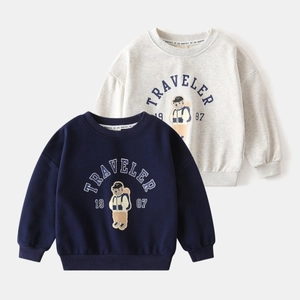 Detail of ribbed cuffs and traveler bear print on navy and grey kids sweatshirts
