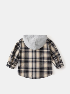 Classic plaid hooded long sleeve shirt for boys in beige and navy cotton fabric