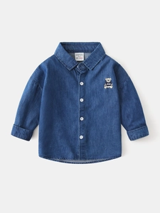 Boy's long-sleeve dark blue denim shirt with cute cartoon bear embroidery and white buttons