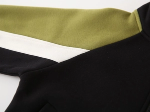 Detail of color-block stitching and knit fabric on child's warm fleece-lined jacket