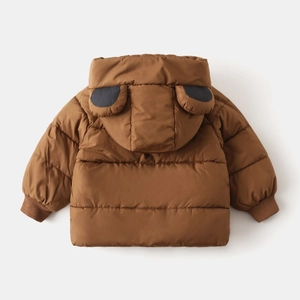 Detail of child hooded winter jacket with cute bear ears and ribbed cuffs in brown