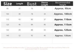 Detailed size chart for boys' sweatshirt showing length, chest, and height 90-140cm