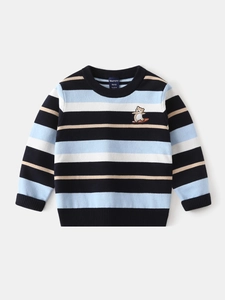 Toddler boy striped knit sweater with navy and blue patterns and bear embroidery