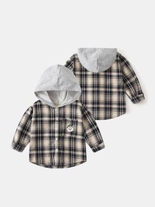 Kids plaid hooded shirt with beige tartan pattern and cute bear embroidery patch