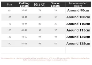 Detailed size chart for boys' color-block shirt showing length, bust, and sleeve measurements