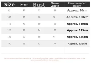 Detailed size chart for kids cartoon bear sweatshirt including height and measurements