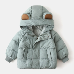 Detail of hood with brown bear ears and ribbed cuffs on kids' padded winter coat