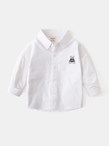Classic white long sleeve cotton shirt for boys with a cute bear embroidery on the chest